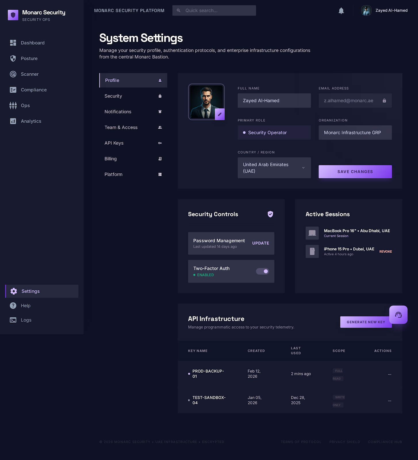System Settings screen in the Monarc security platform