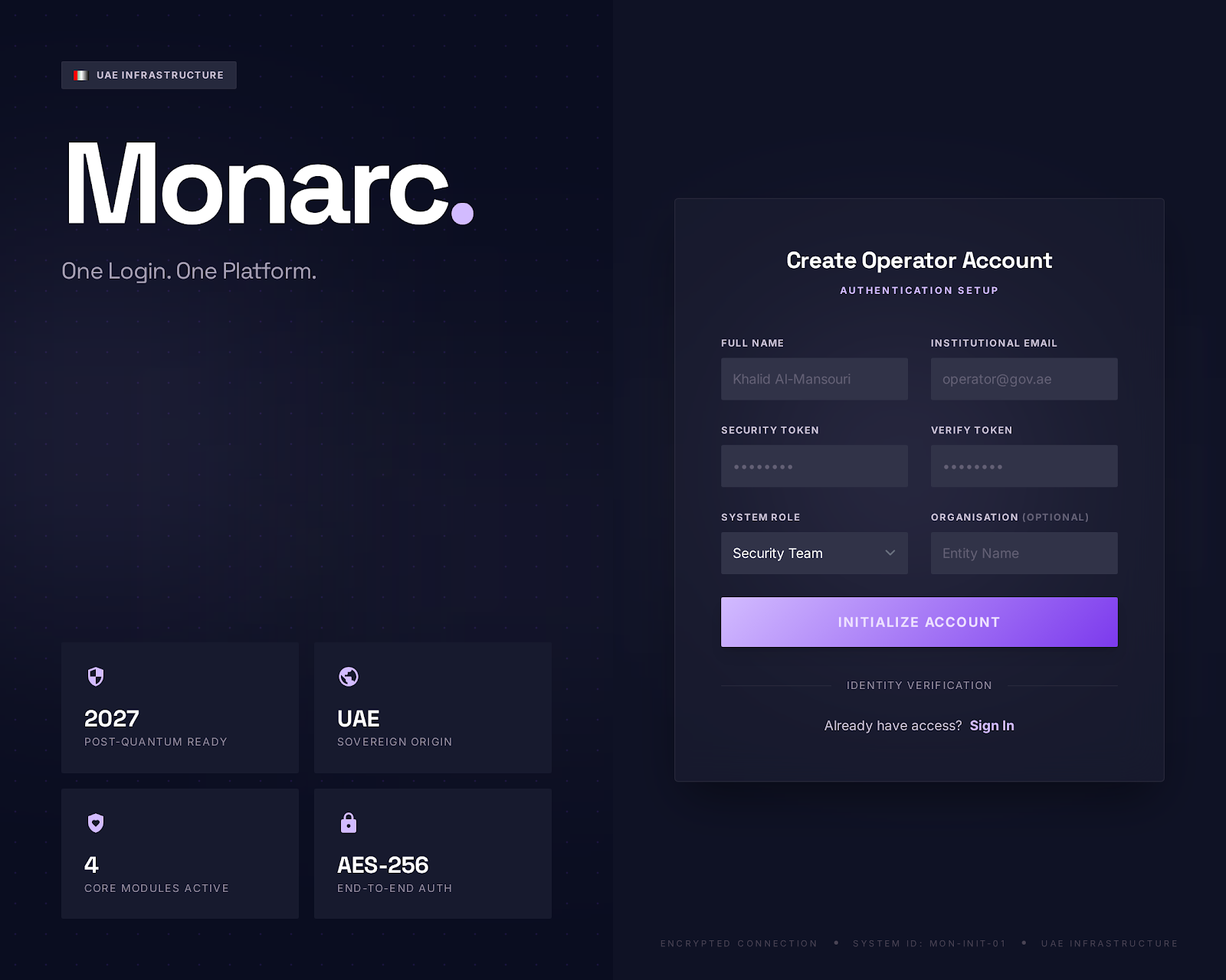 Operator Onboarding screen in the Monarc security platform